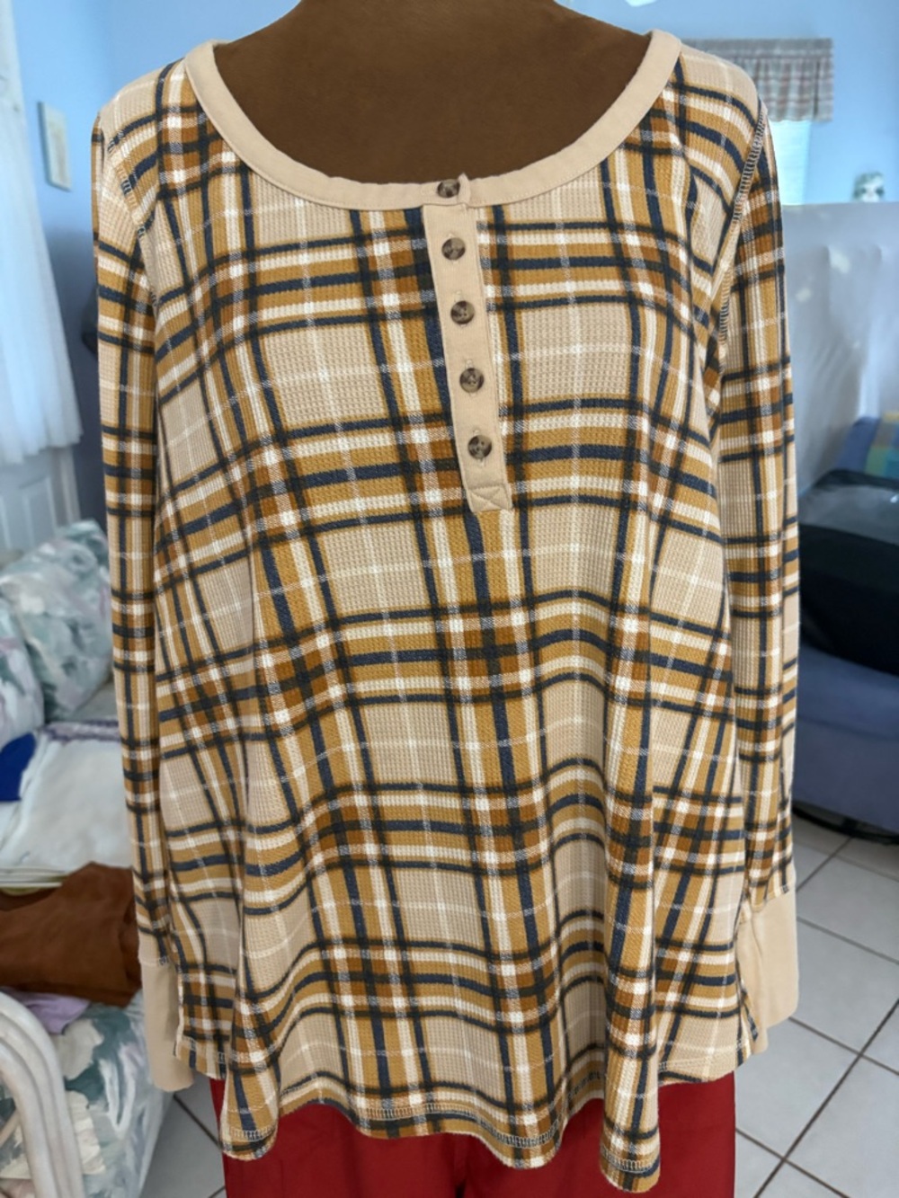 Terra & Sky Beige Plaid Long-Sleeve Henley Top